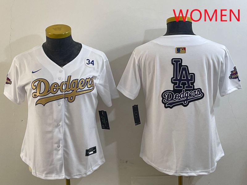 Women Los Angeles Dodgers Blank White Champion gold character 2025 Nike MLB Jersey style 23->women mlb jersey->Women Jersey